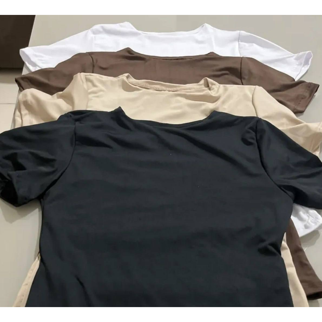 Kit 4 Blusas Feminina Suplex Estilosa T Shirt Básica Casual Preto + Branco + Marrom + Nude Liso P/m (36-38)