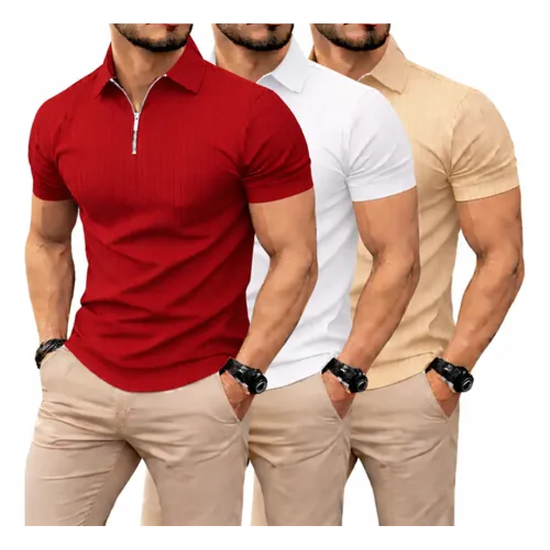 Kit com 3 Camisetas Polo Canelada Com Zíper