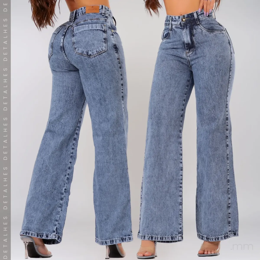 Calça Jeans Wide Leg Pantalona Cintura Alta Feminina Premium