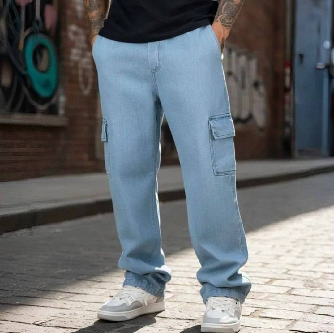 Calça Cargo Jeans Masculina Larga Com 5 Bolsos Estilo Skate
