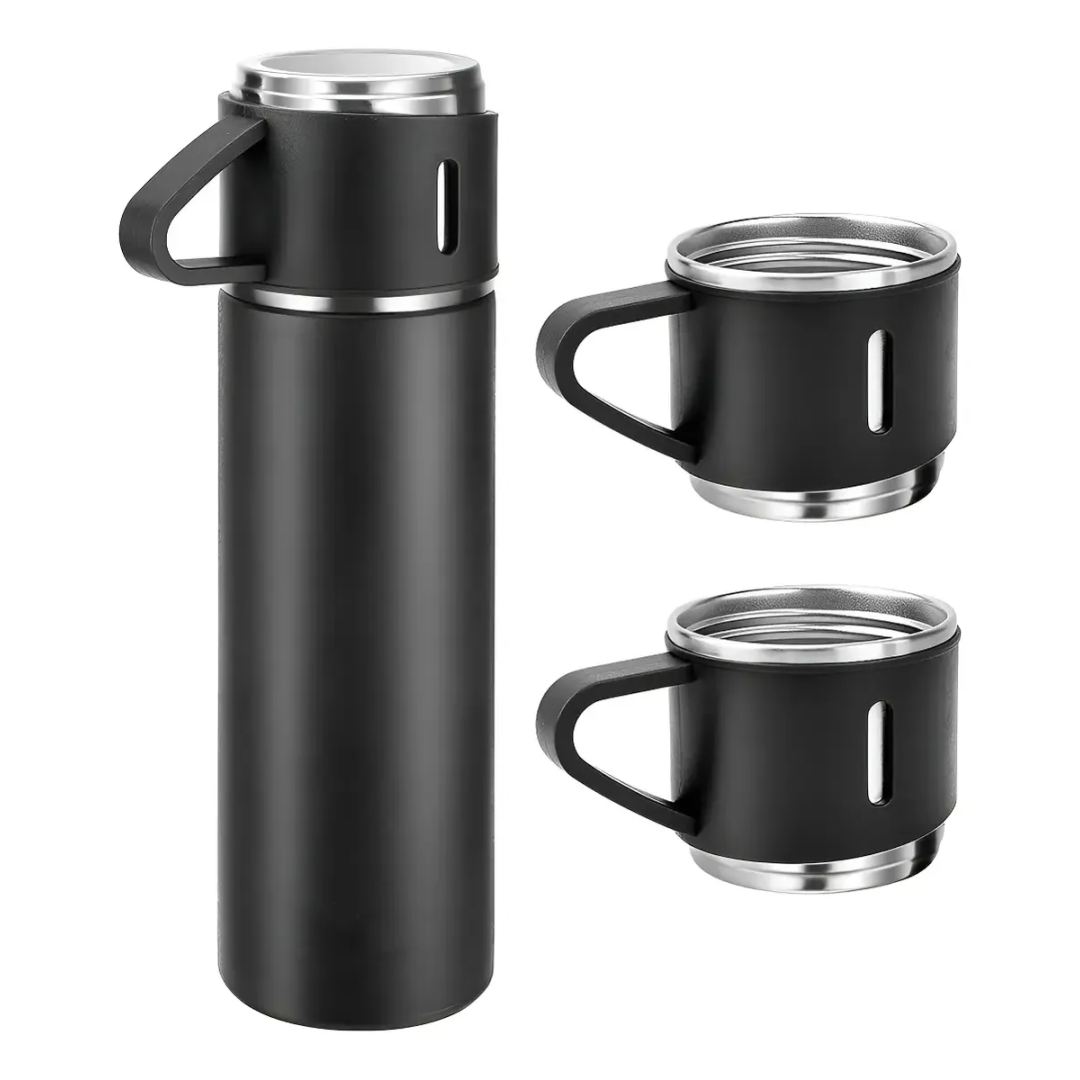 500ml Caneca Kit Garrafa Térmica Vacuum Bottle Inox + 3 Xícaras
