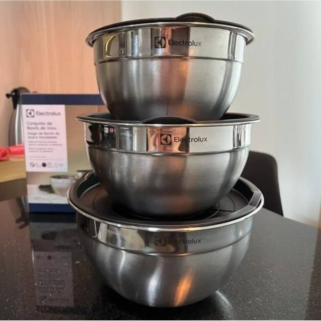 Electrolux Kit Bowls Tigelas Em Inox Com Tampa Plástica 3 Unidades Utensílios Domésticos De Cozinha