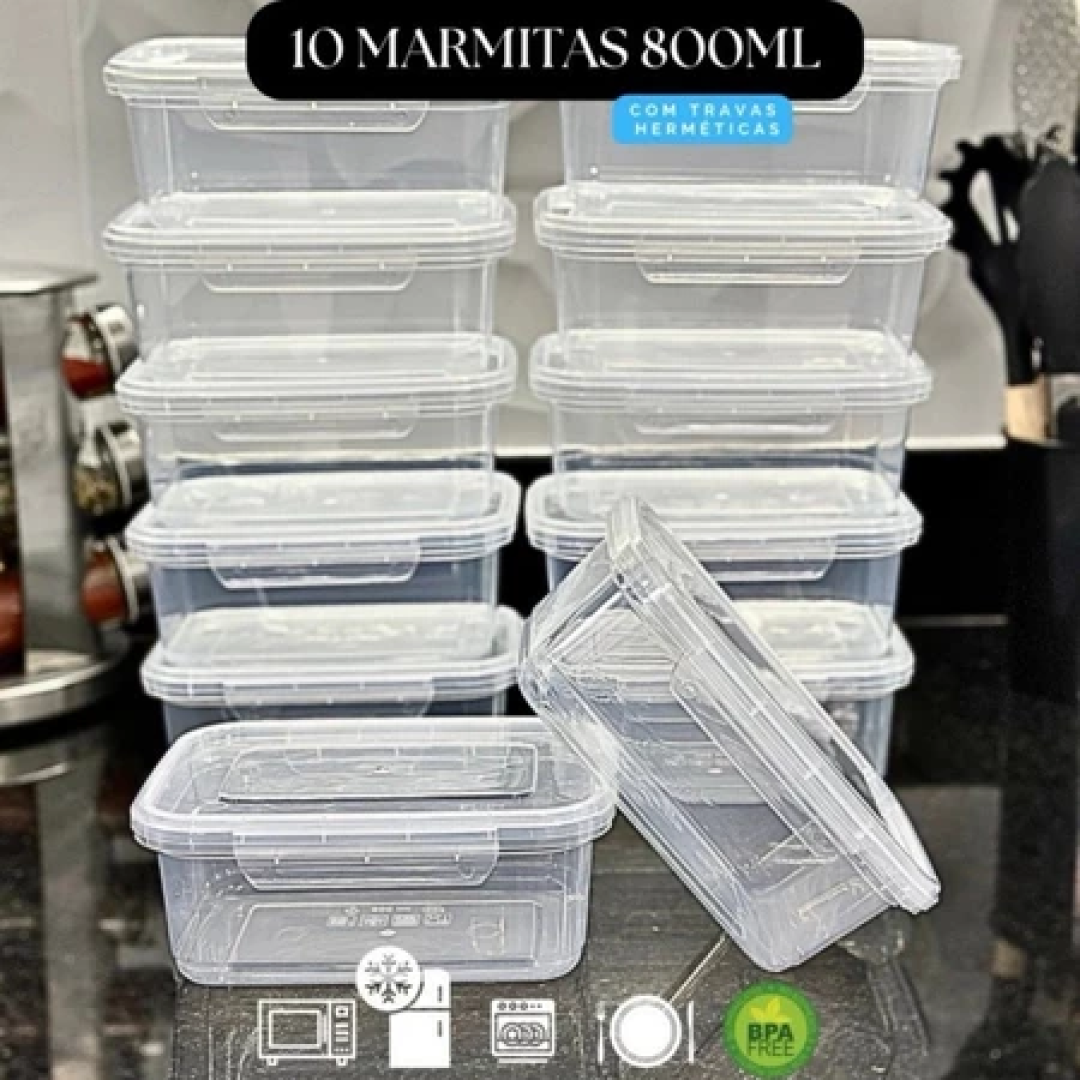 Kit 5/10 Marmita conjunto Potes 750ml com Travas Laterais BPA FREE - Alimentos organizadores de congelador
