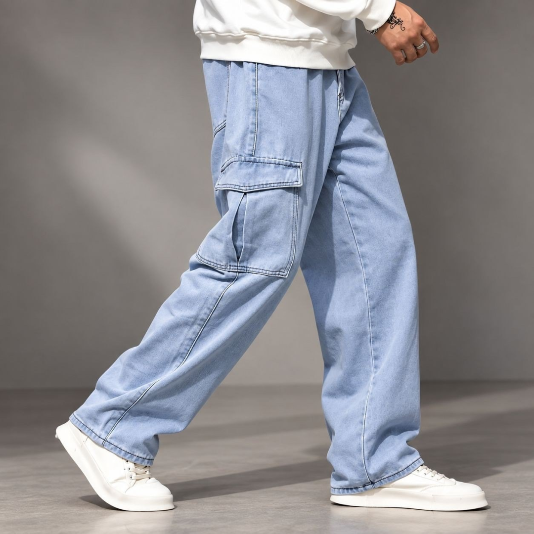 Calça Cargo Jeans Larga Bolsos Lateral Streetwear (5 cores)