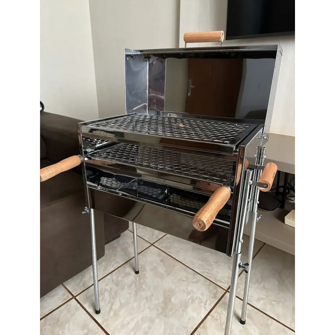 Churrasqueira Inox Média Espetinho 2 Grelhas Com Tampa A Bafo Cor Prateado