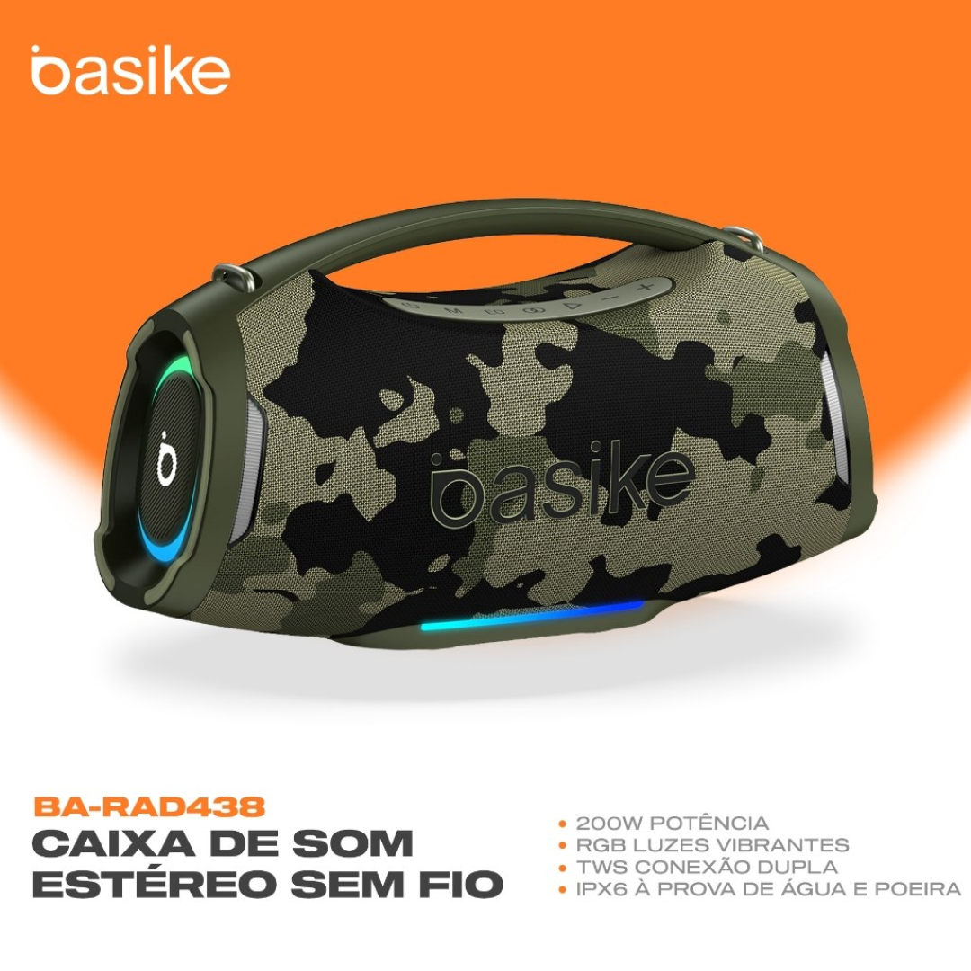 Caixa de Som Portátil Basike Bluetooth 200W Graves Fortes 18000mAh Ipx6 À Prova D'água Rgb e Tws