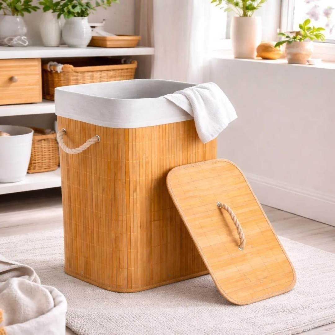 Cesto de Roupa Suja com Alças em Bambu 72L