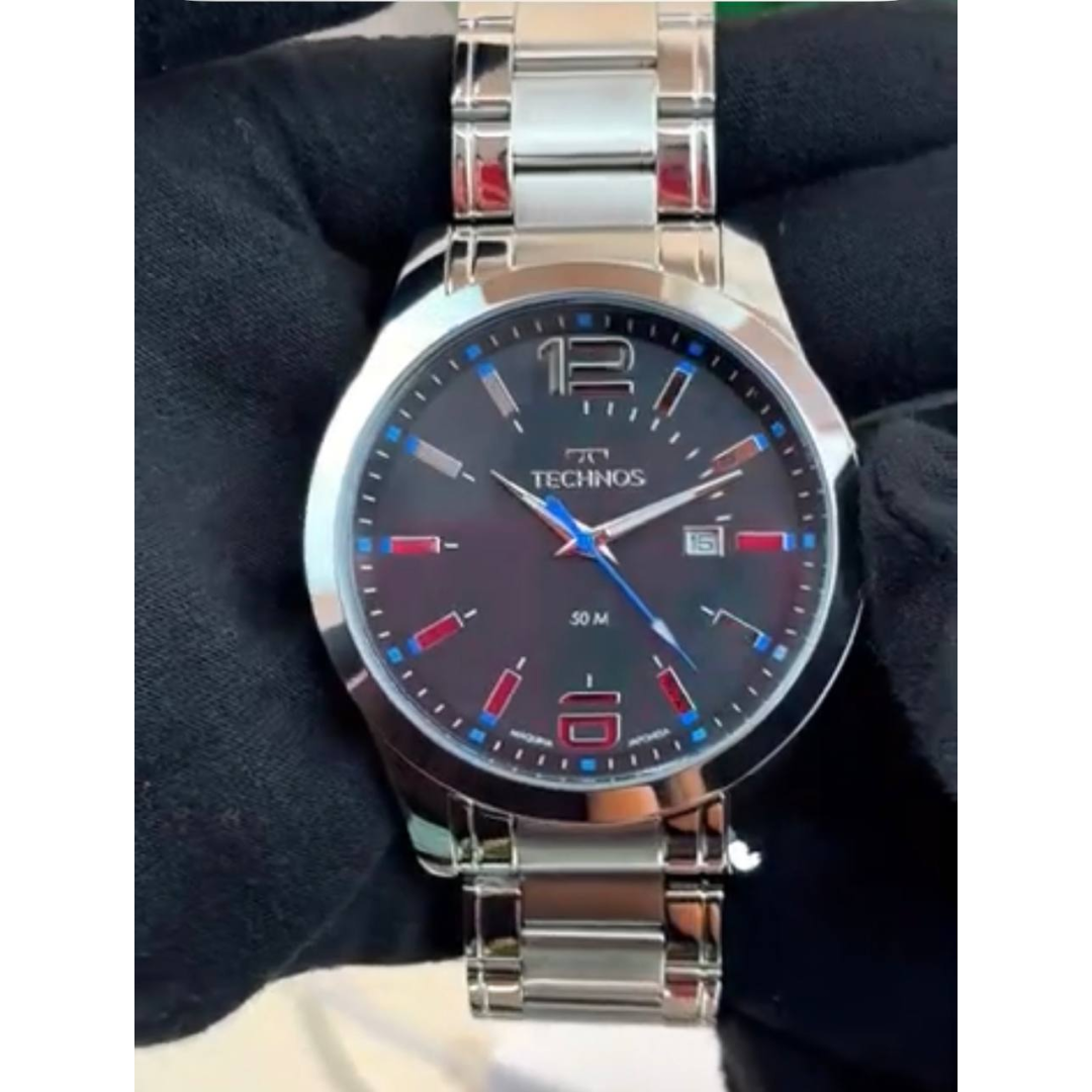 Relógio Technos Masculino 2115gu/1a 45 Milímetros Analógico Em Aço Inoxidável Prata Com Calendário E Fundo Preto Detalhes Azuis Prova D´agua 50m Preta...