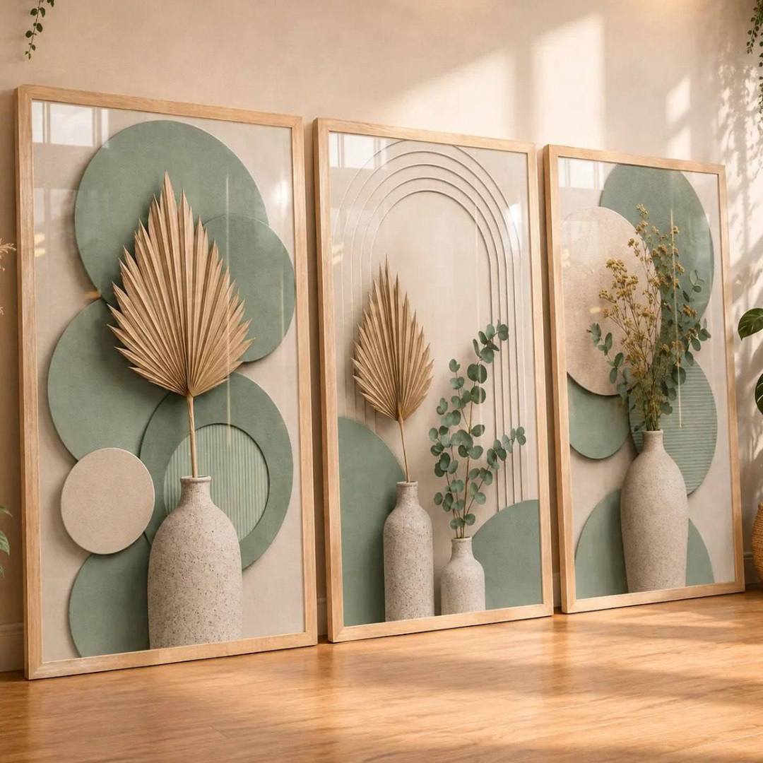 Quadros Decorativos Sala Folha Verde Bege Neutro Boho 122x60 Carvalho