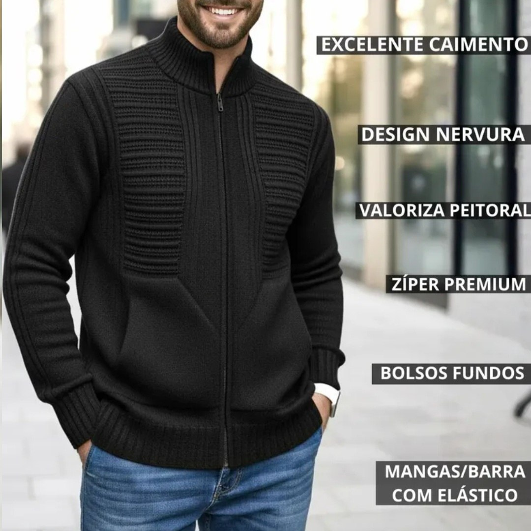 Jaqueta Masculina Zíper Bolsos Blusa De Frio Grossa Lã Trico