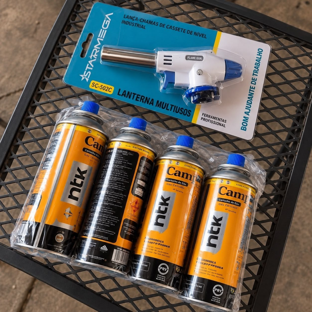 Kit Maçarico Portátil Automático com 4 Refis de Gás