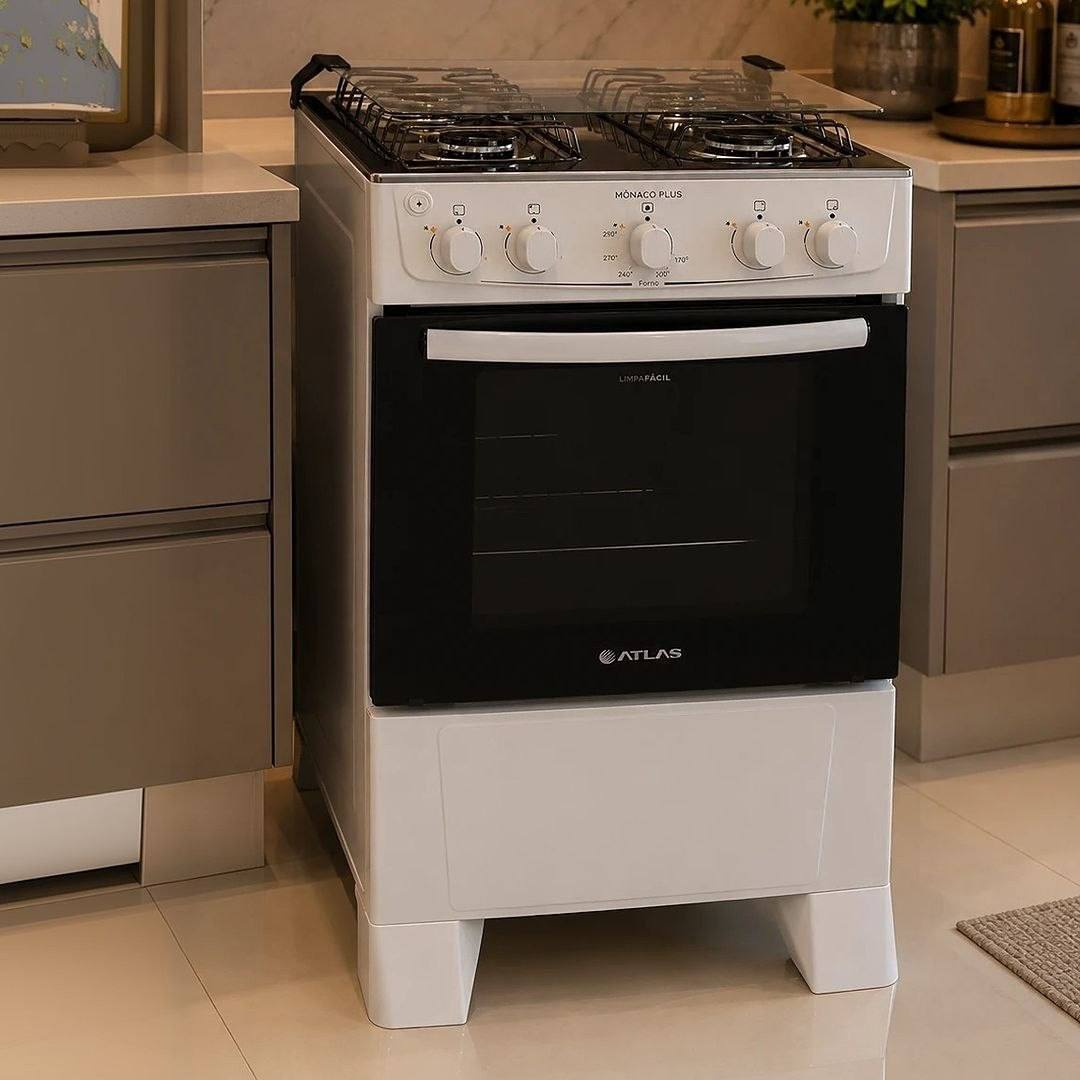 Fogão 4 Bocas Atlas Mônaco Plus Automático com Mesa Inox Branco Bivolt