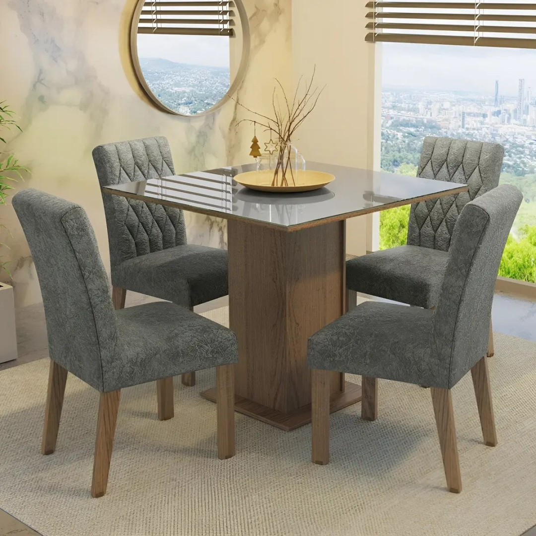 Sala de Jantar Mesa Tampo Vidro 4 Cadeiras Anaju Madesa Rcs Mdja040138f9sil