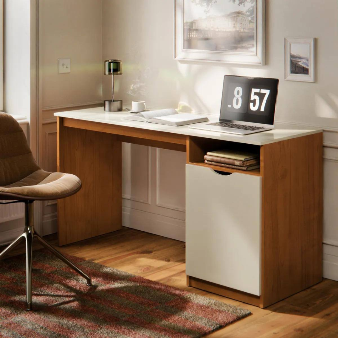Escrivaninha Para Computador 115cm Com Porta E Nicho Mesa Home Office Escritório Quarto Estudo Notebook Moderna Canela Off White Nature Off