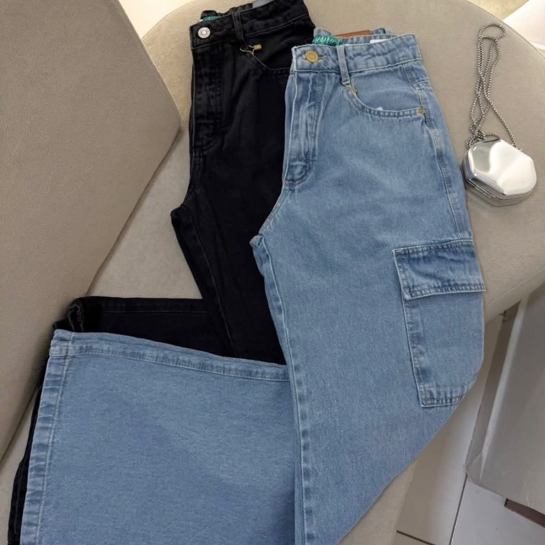Calça Cargo Jeans Wide Leg (3 cores)