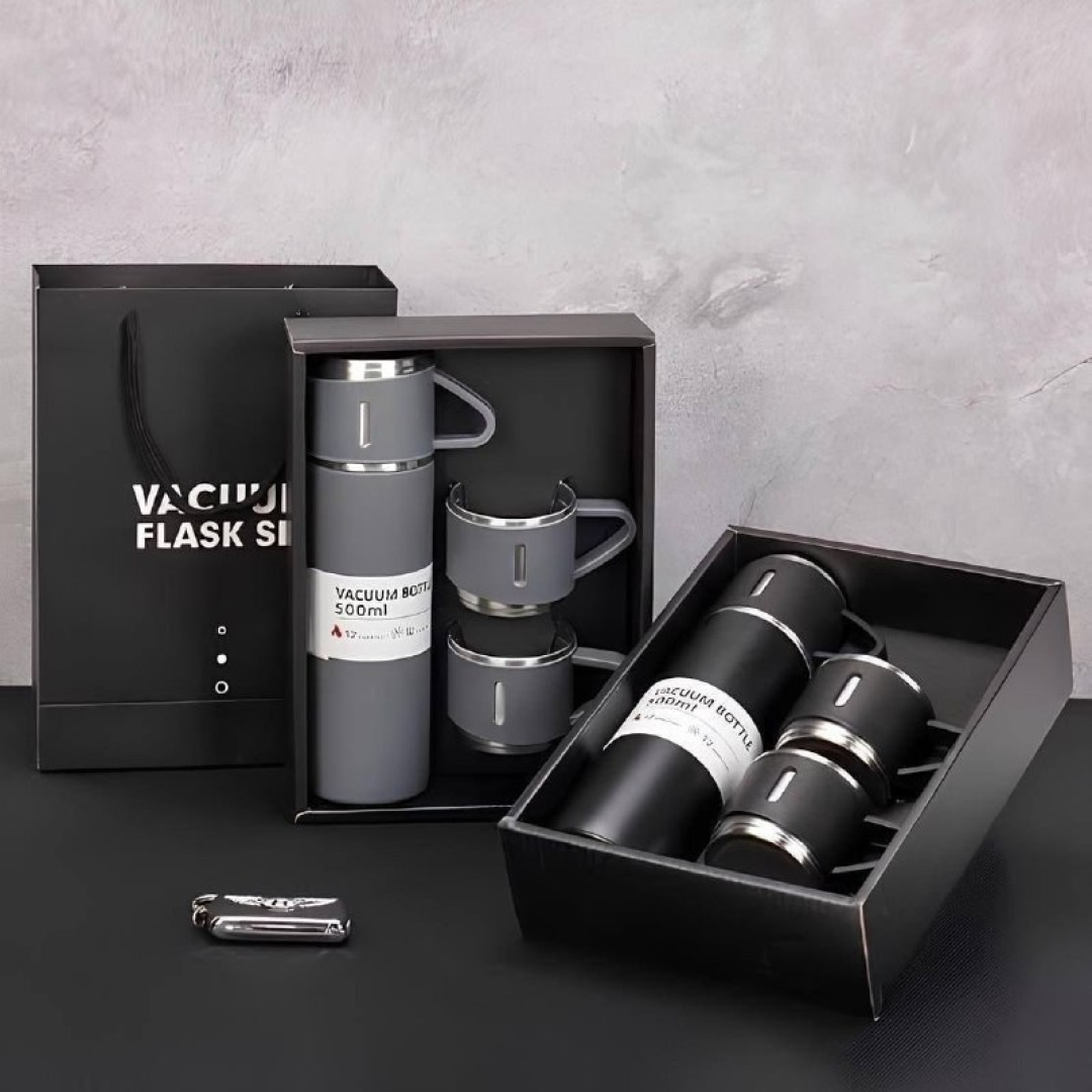 Kit com Garrafa Térmica Vacuum Bottle Inox 500ml + 3 Xícaras