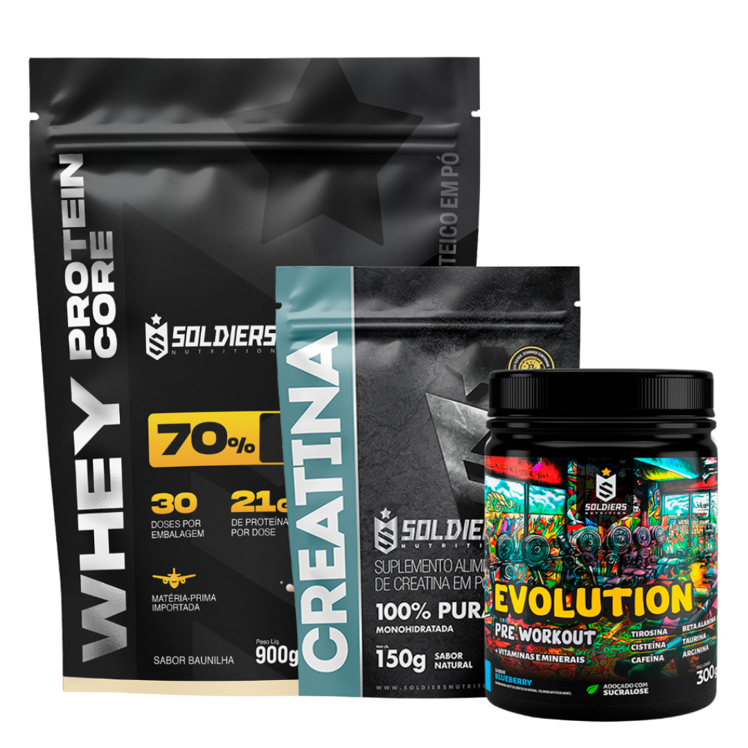 Kit Whey Core 70% de Proteína Concentrada 900g + Pré-Treino Evoluition 300g + Creatina 150g Soldiers Nutrition