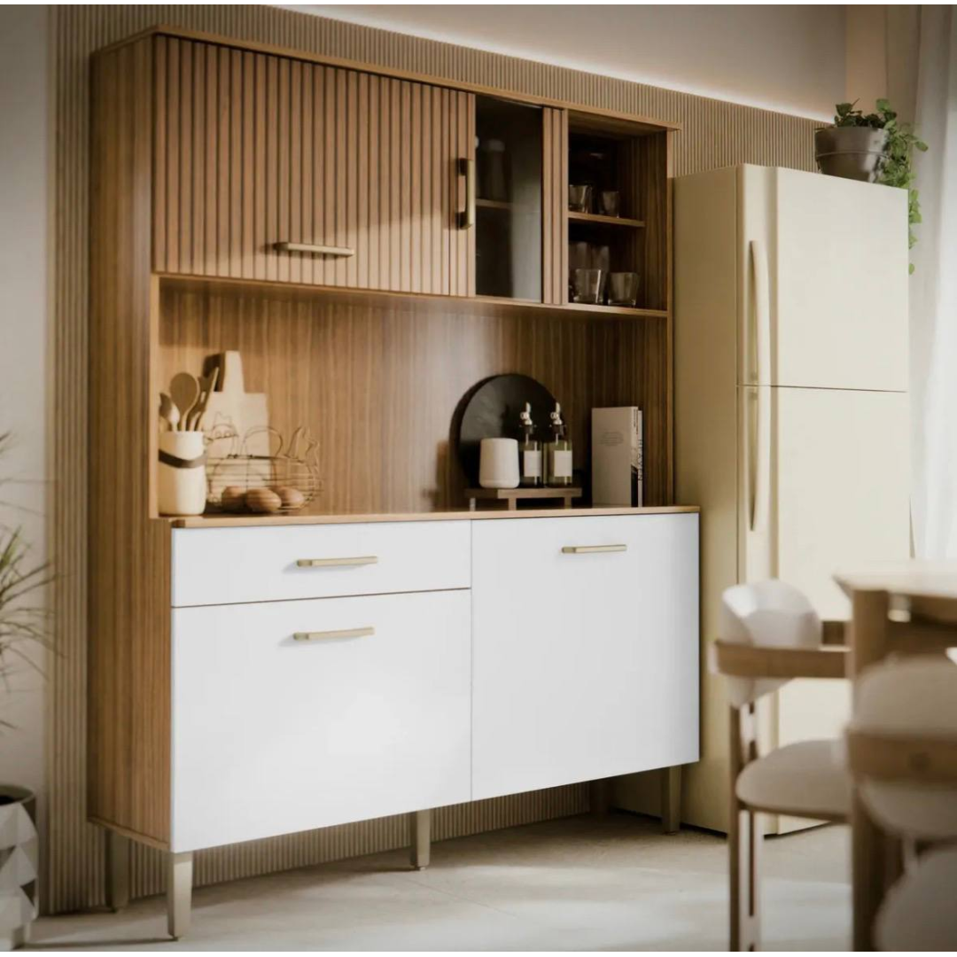 Armário De Cozinha Viena Plus Com Balcão E Gaveta Para Microondas E Forno Mel / Branco M Casa Móveis Ripado/branco