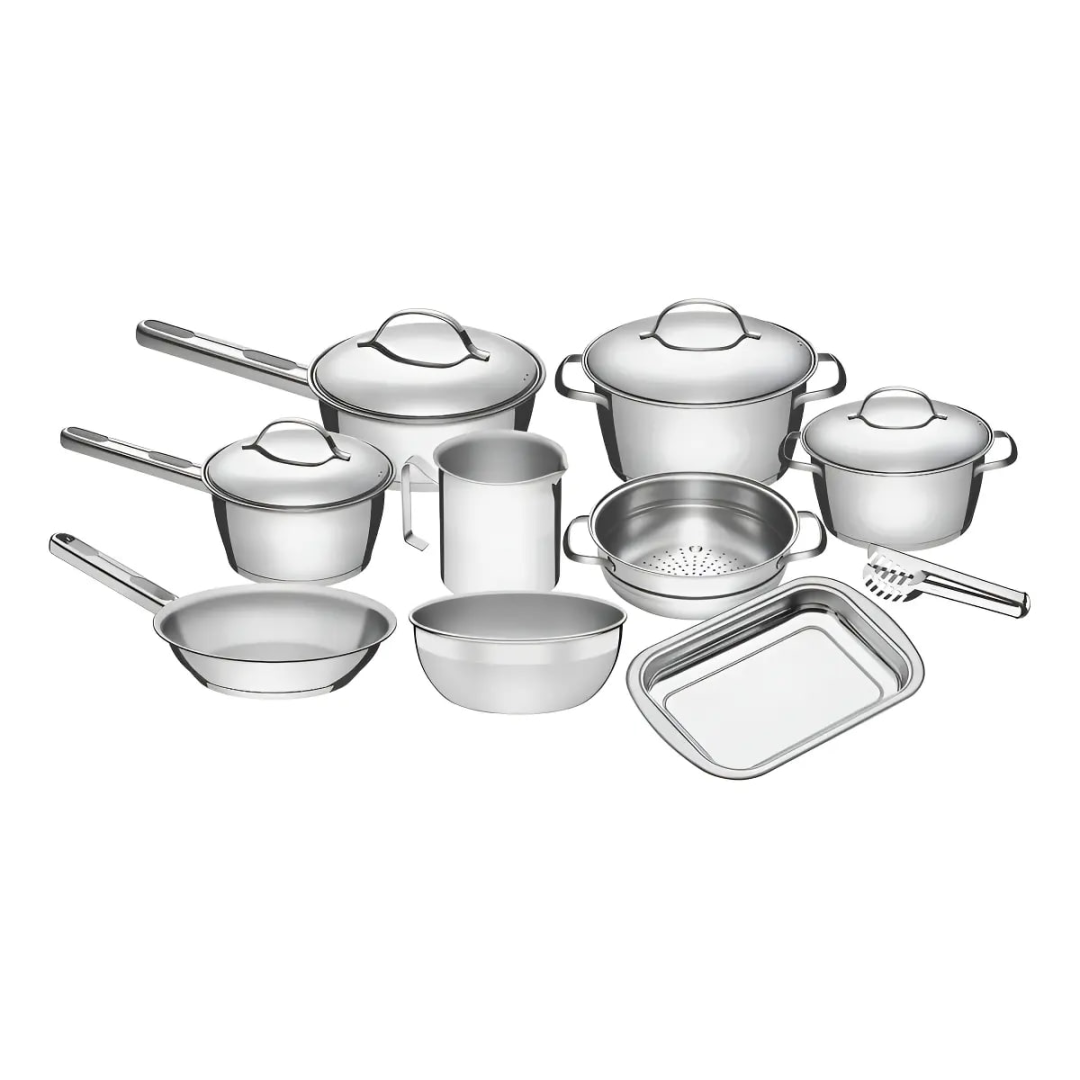 Jogo De Panelas Tramontina Inox Allegra 10 peças com 6 panelas, escorredor, forma, leiteira e Pegador