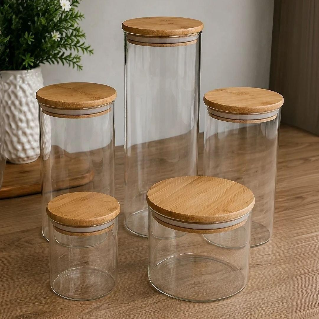 Kit com 5 Potes de Vidro Herméticos Tampa de Bambu