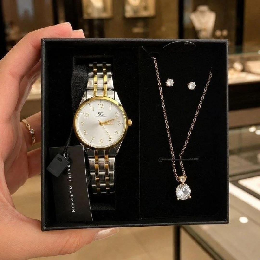 Kit Relógio Colar e Brincos Ponto De Luz Dourado e Prateado Feminino Luxo Saint Germain 28mm