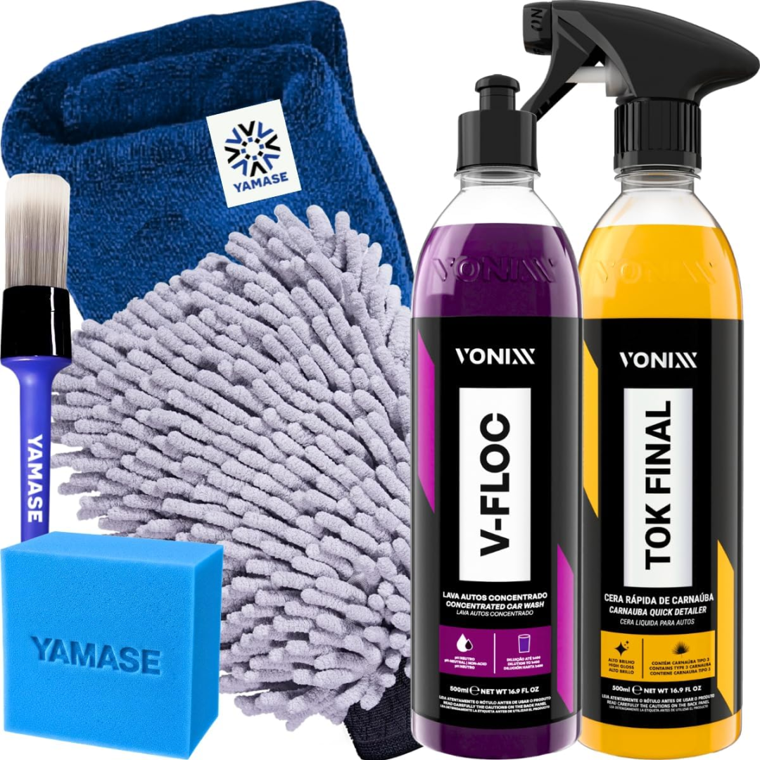 Kit V-Floc Shampoo Neutro Super Concentrado Automotivo + Cera Liquida Protetora Tok Final Vonixx Luva Pano Microfibra | Super Concentrado, Cera Líquida Protetora, Inclui Luva, Inclui Pano Microfibra