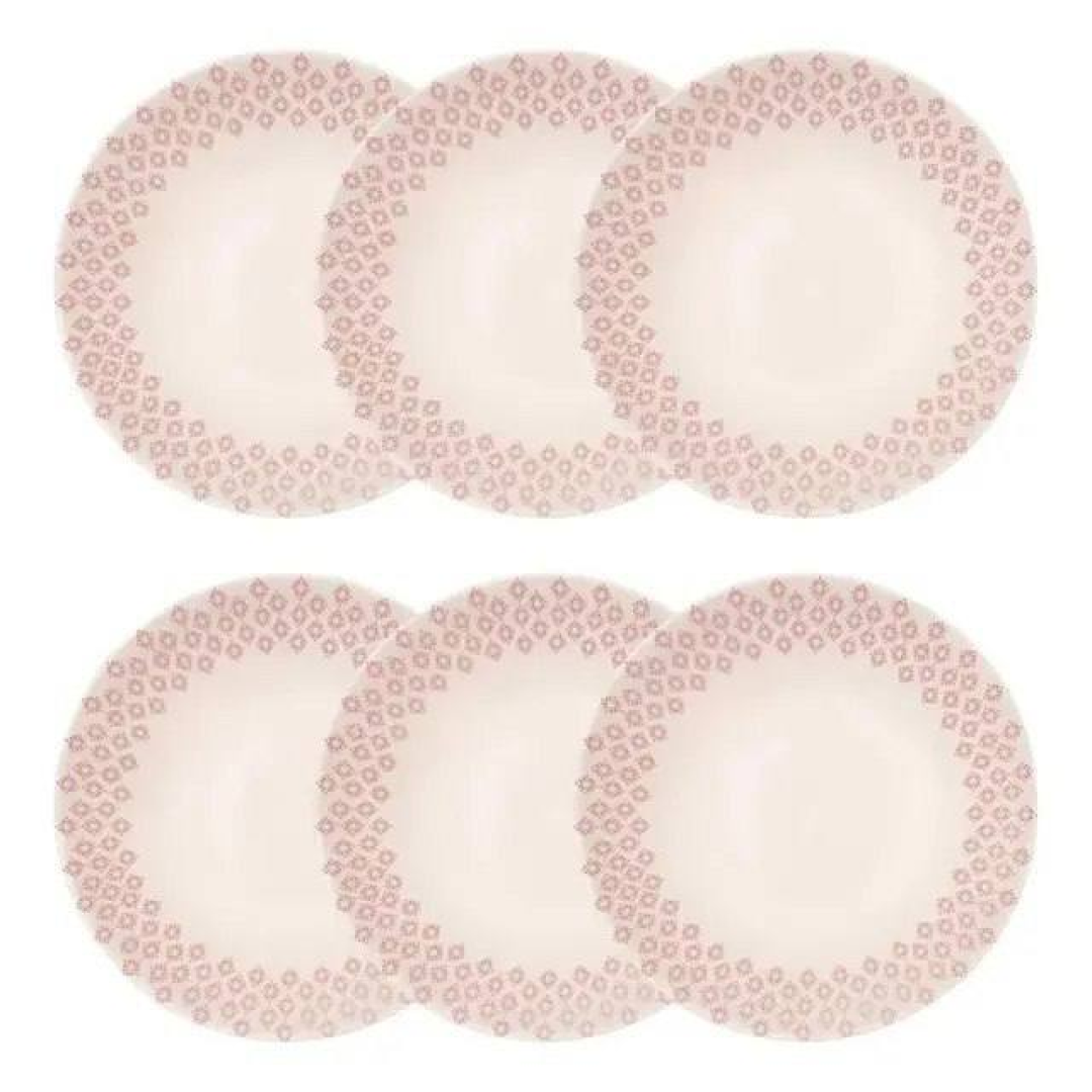 Jogo 6 Pratos Fundos Páscoa 20cm Estampado Oxford Off White, Vermelho Estampado