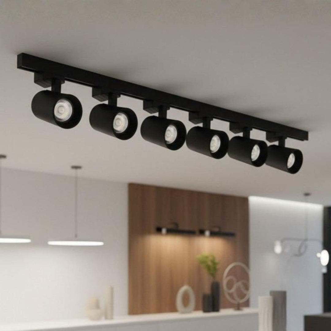 Kit RY Trilho Eletrificado Preto 2m + 6 Spots Led Preto 10w Luz Frio 6.000 K