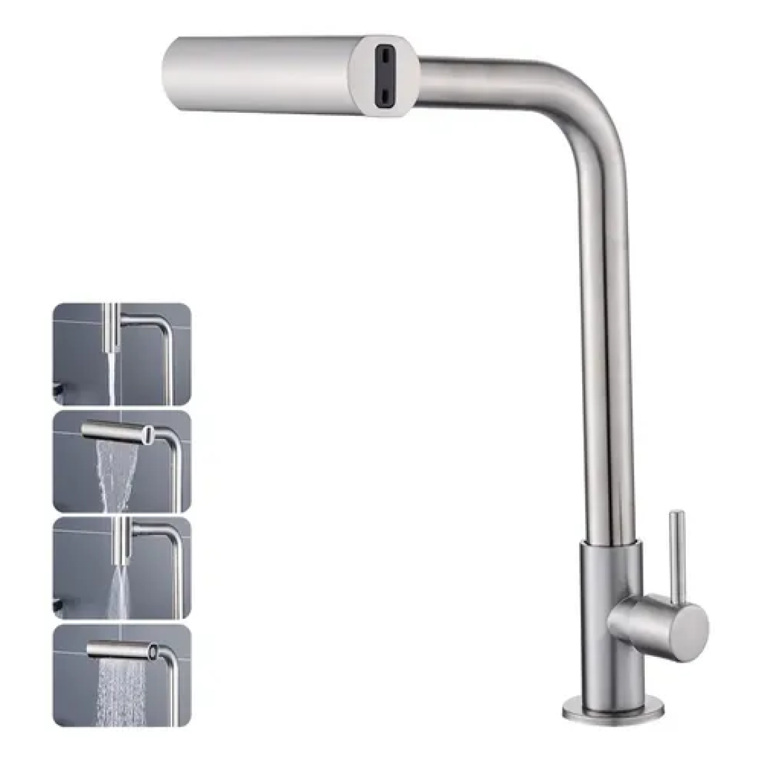 Torneira de Cozinha Inox 304 Prata Água Fria – 4 Modos de Jato | Bica Alta Gourmet Controle de água fria Design Moderno Winda