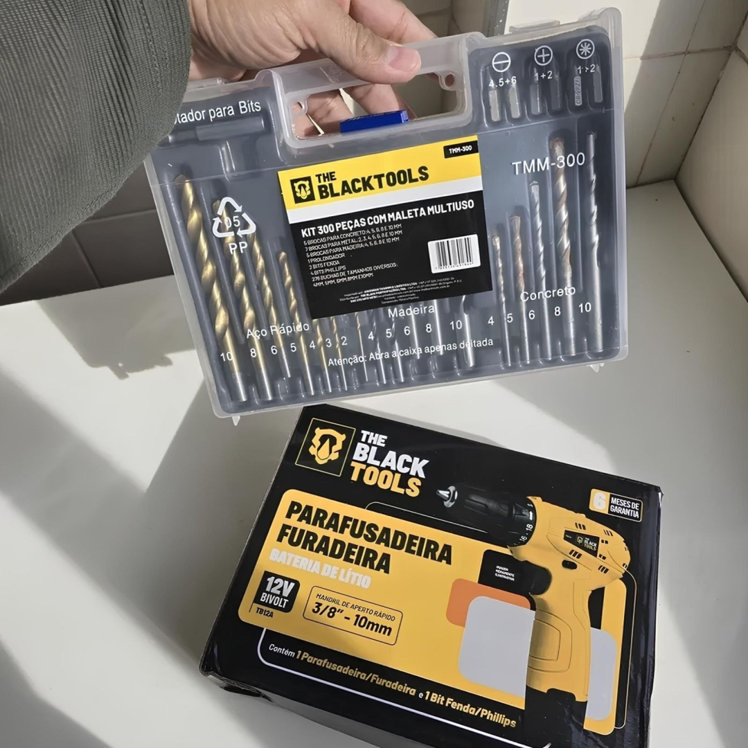 Parafusadeira Furadeira The Black Tools + Jogo de Brocas E Buchas 300 Peças 127/220v