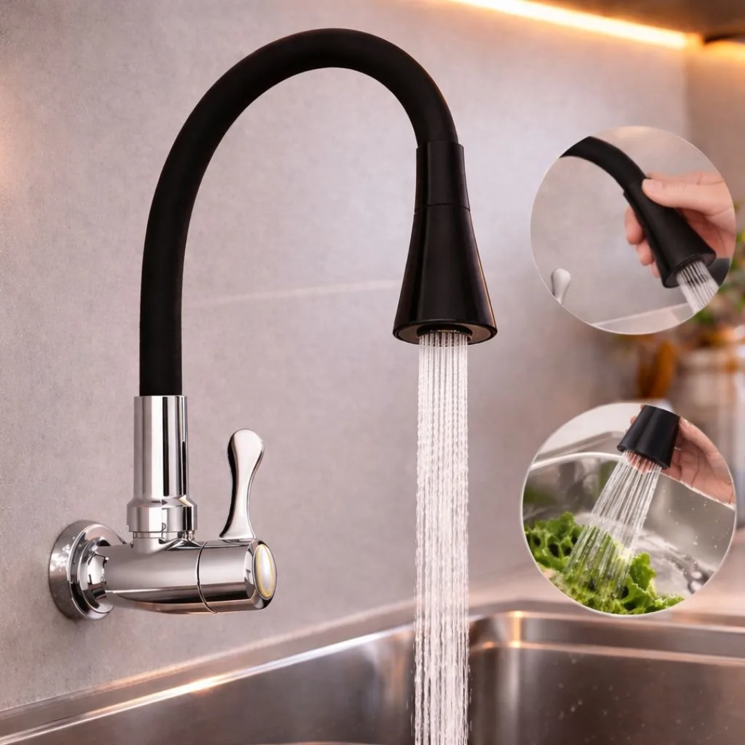 Torneira Flexível Parede Cozinha Preto Pressurizada Moderna