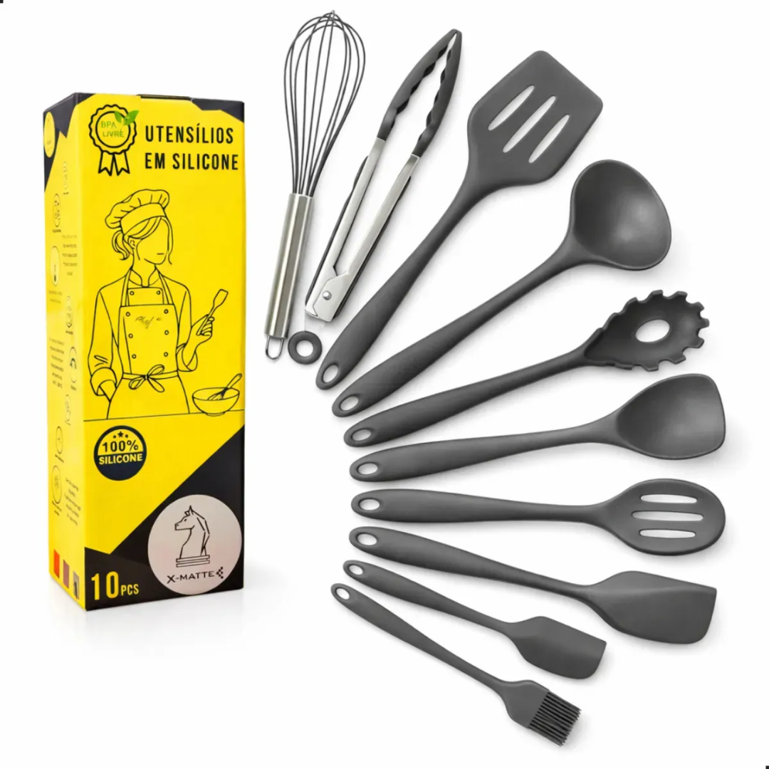 Conjunto Utensílios Profissional 10 Peças Cozinha Silicone Cinza-escuro