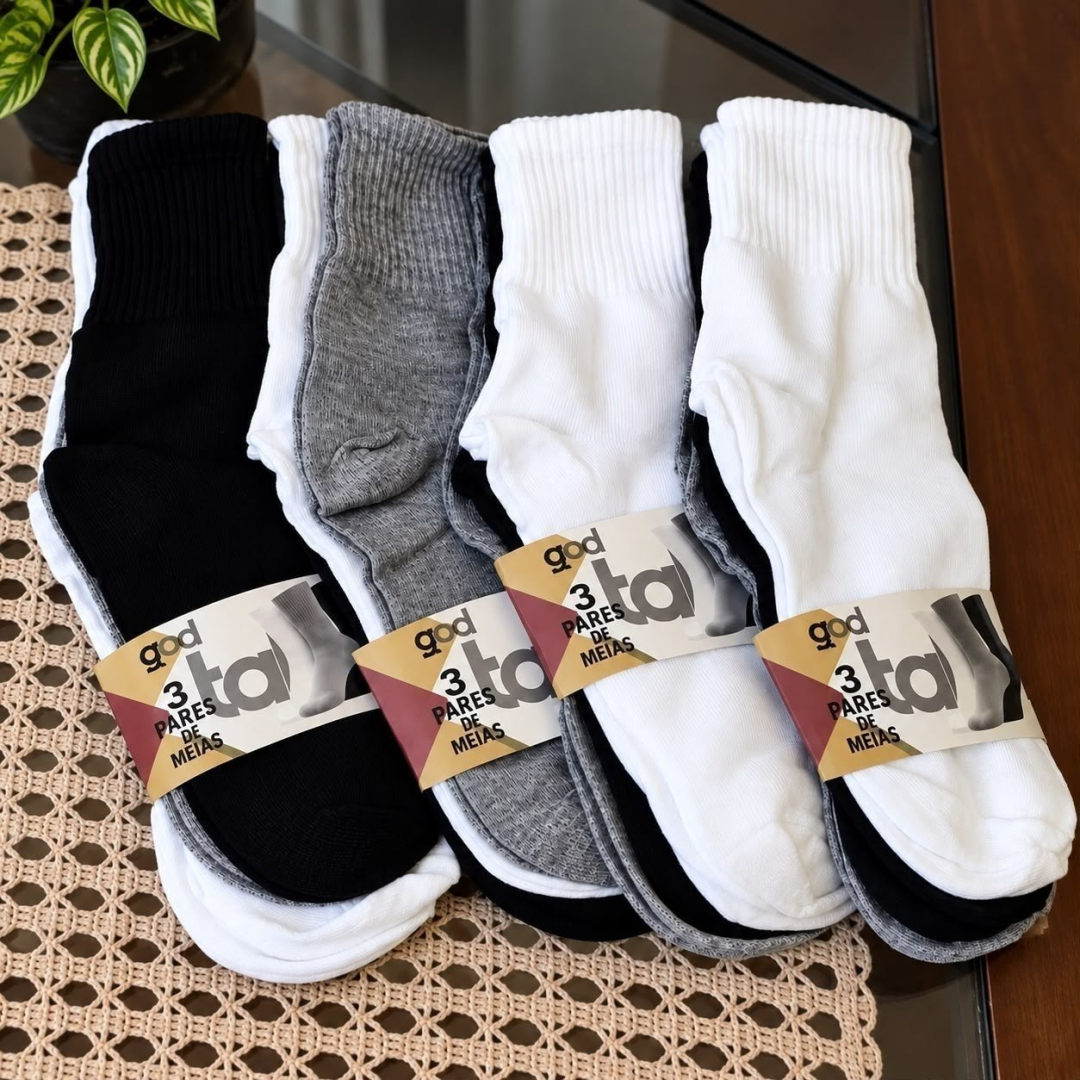 Kit com 12 Pares de Meias Cano Médio