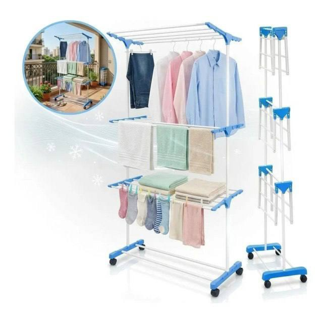 Varal De Chão Vertical Dobrável 3 Andares Com Rodas Aço Reforçado Capacidade 40kg Torre Para Secar Roupas Compacto Portátil Multifuncional Para Casa A...