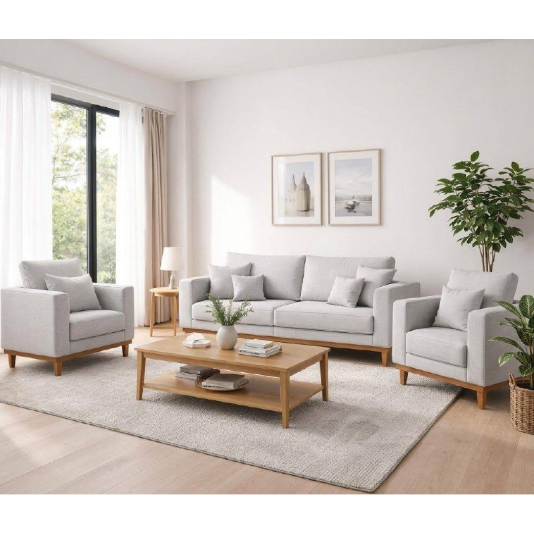 Kit 2 Poltronas Living + Sofá 3 Lugares Base Madeira Linho