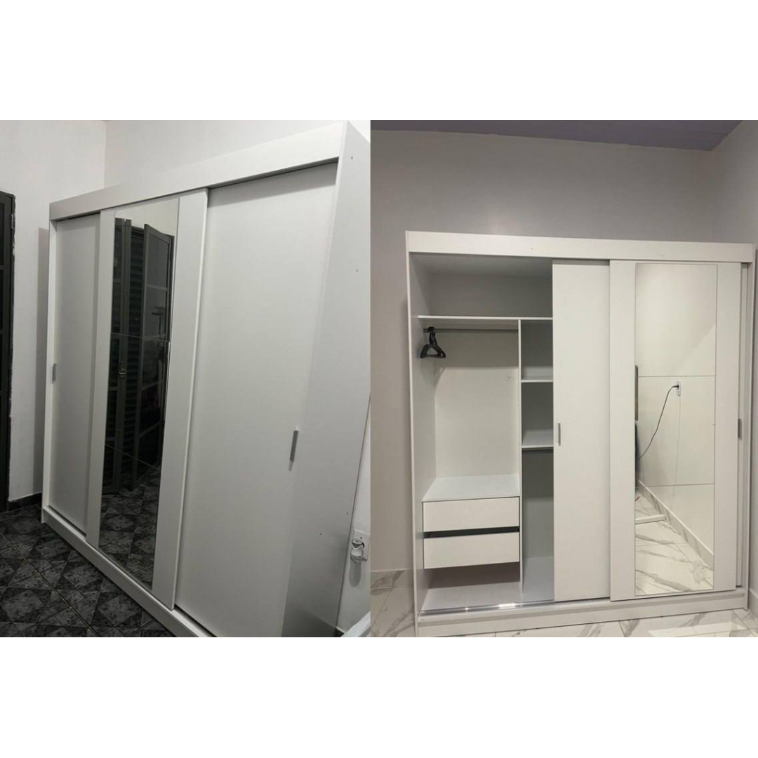 Guarda-Roupa Casal Madesa Reno 3 Portas de Correr com Espelho - Branco