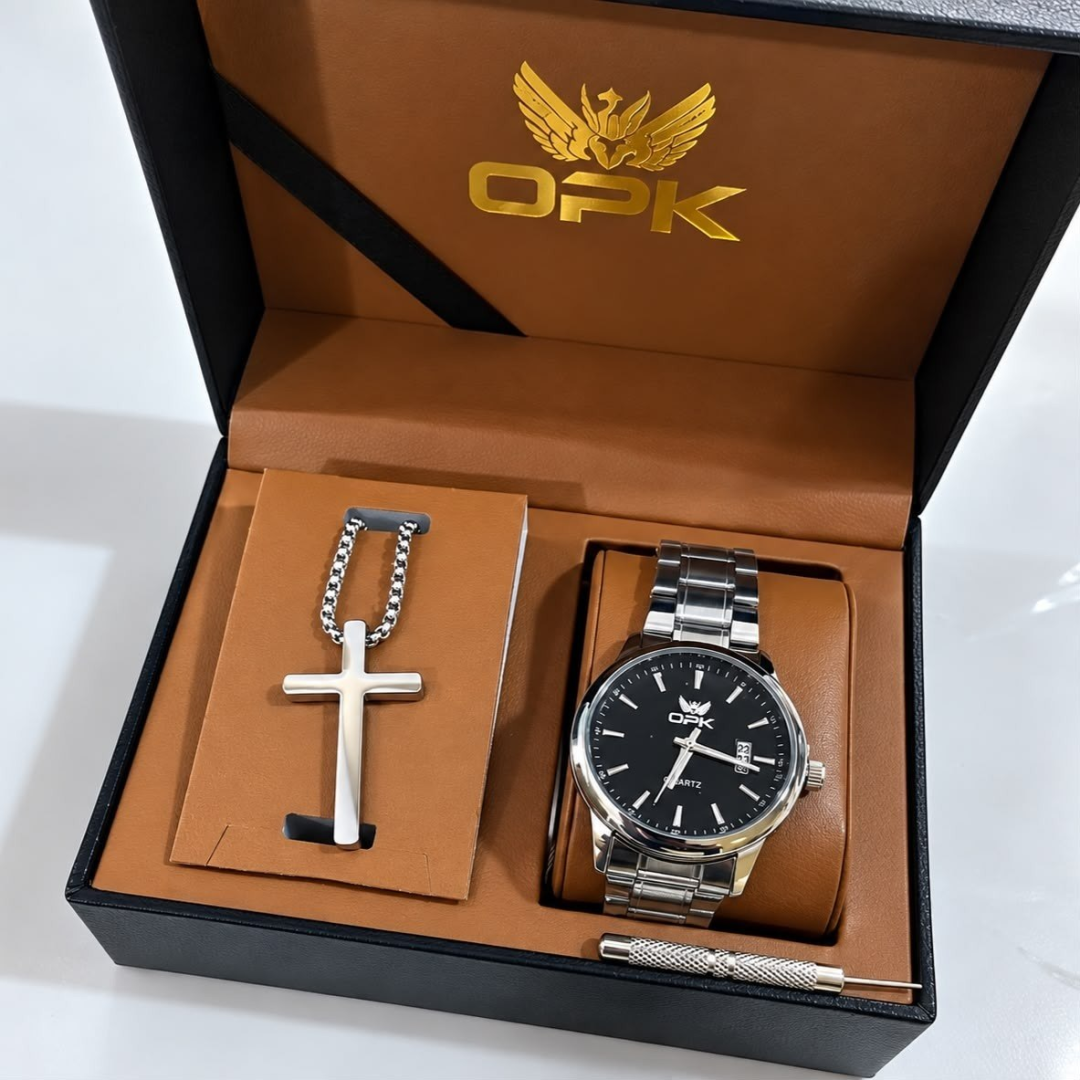 Kit Relógio E Colares Prateado OPK