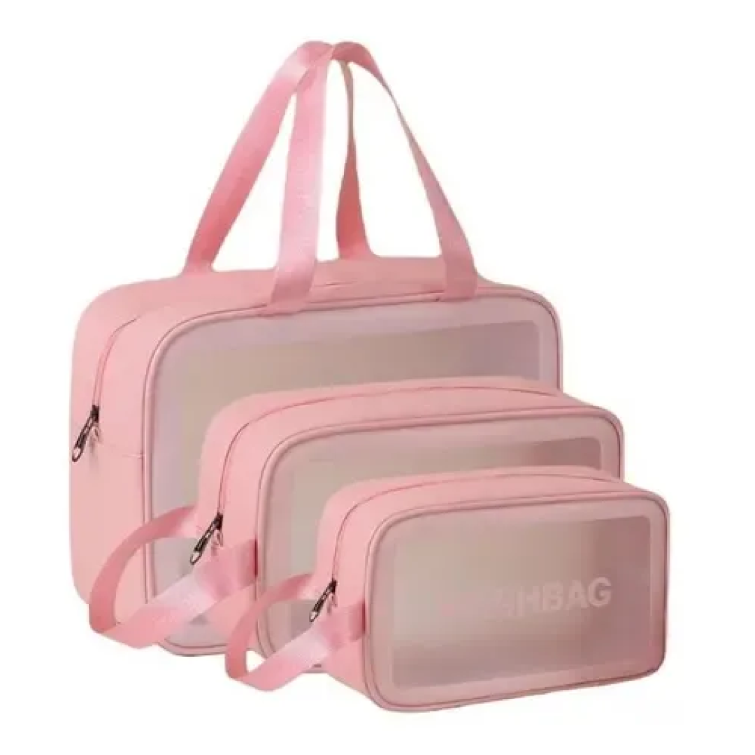 Kit3 Necessáires Feminina Maquiagem Cosméticos Viagem Praia Camping Impermeavel Loja Infor Cor Rosa
