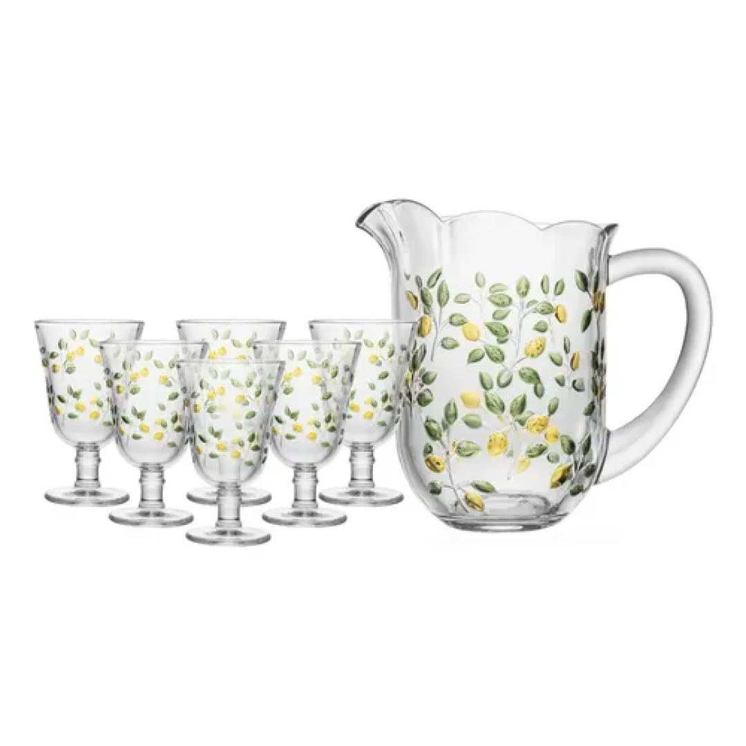Conjunto 7 Peças Jarra Taças Limão Siciliano Hand Painting 1,5/240ml Cristal Lyor