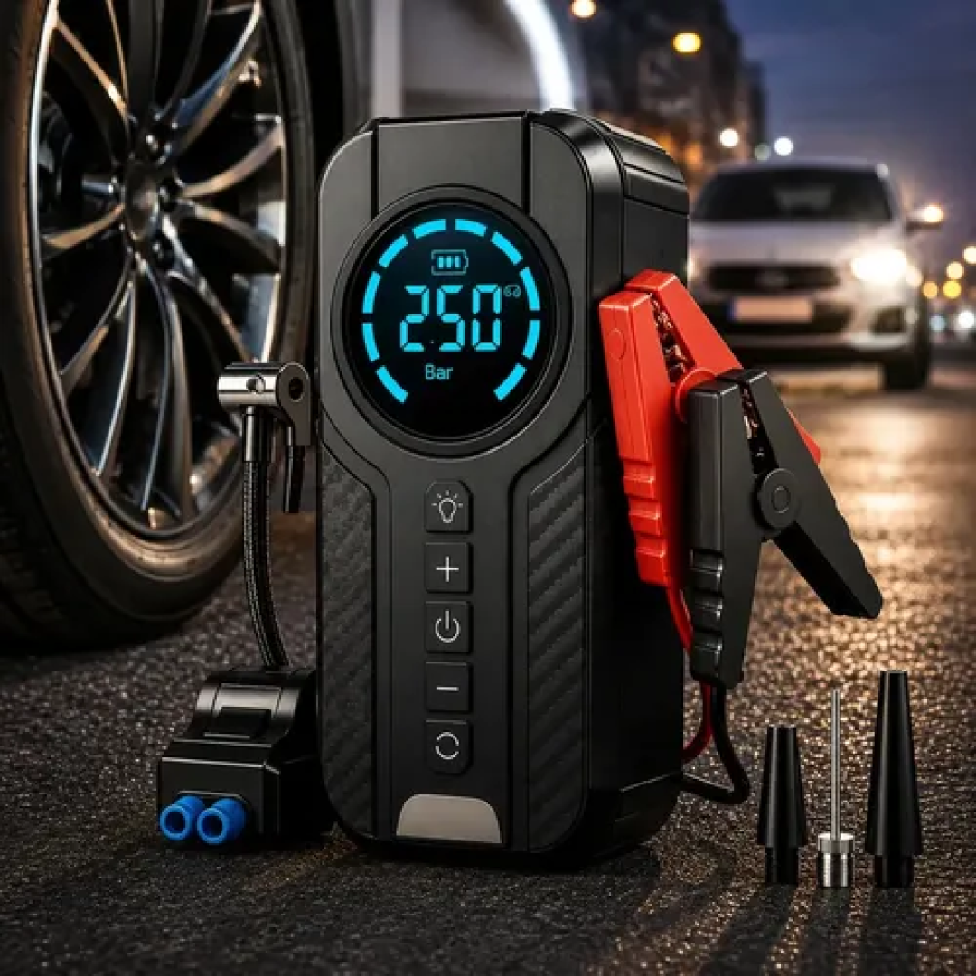 Kit Compressor de Ar Compacto 150 Psi + Auxiliar de Partida + Powerbank