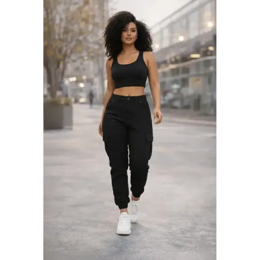 Calça Cargo Jogger Jeans Feminina Cintura Alta Com Lycra