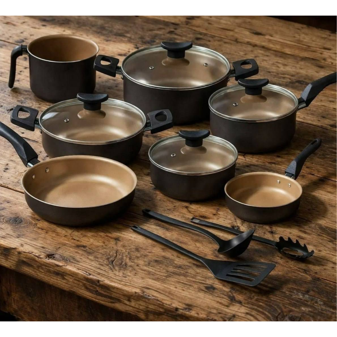 Conjunto Panelas Antiaderente 10 Peças Teflon Várias Cores Preto Com Beje