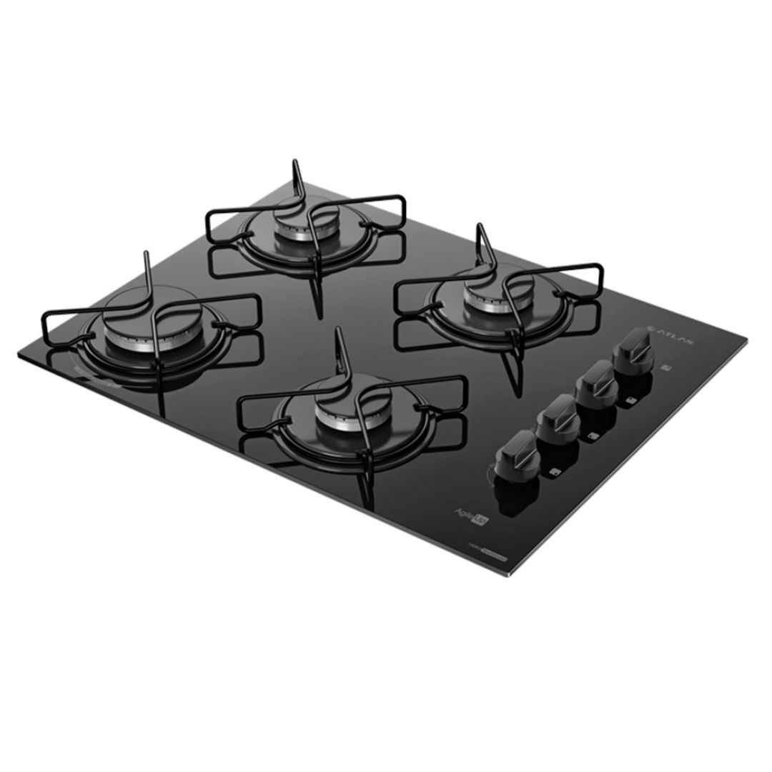 Cooktop 4 Bocas a Gás Atlas Agile Up com Mesa de Vidro e Queimador Mega Chama Preto Bivolt