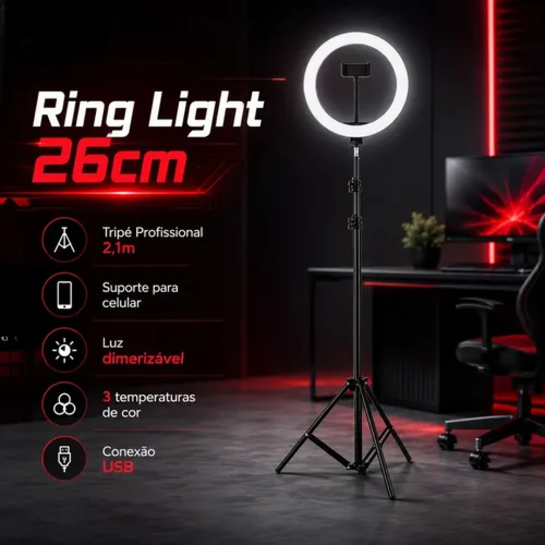 Ring Light Luz Led Iluminador 30cm + Tripé 2.1M