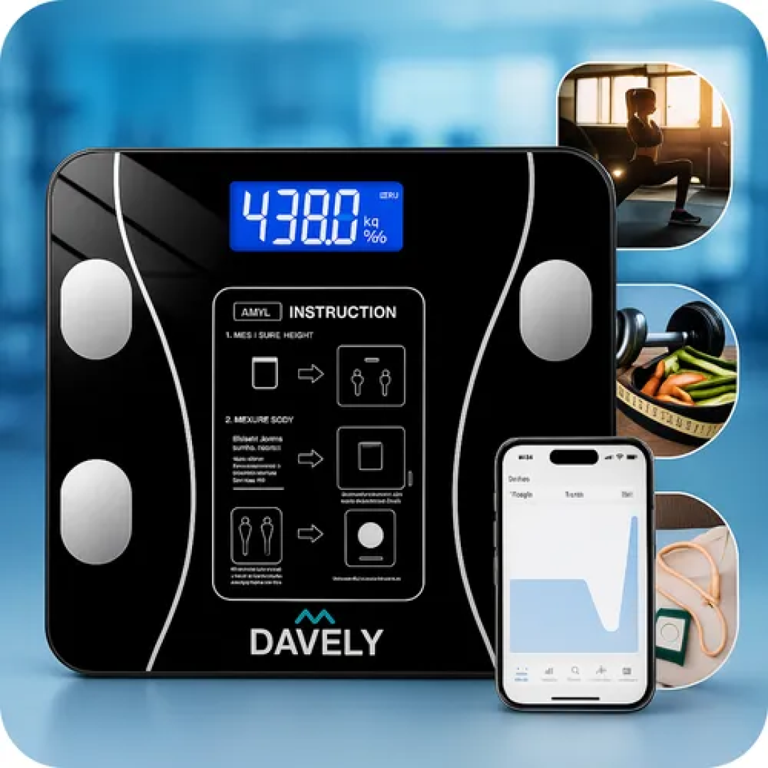 Balança Digital Bioimpedância Bluetooth Corporal Aparelho Alta Capacidade Balança De Banheiro Academia App Para Android E Para Ios Cor Preto Marca Dav...