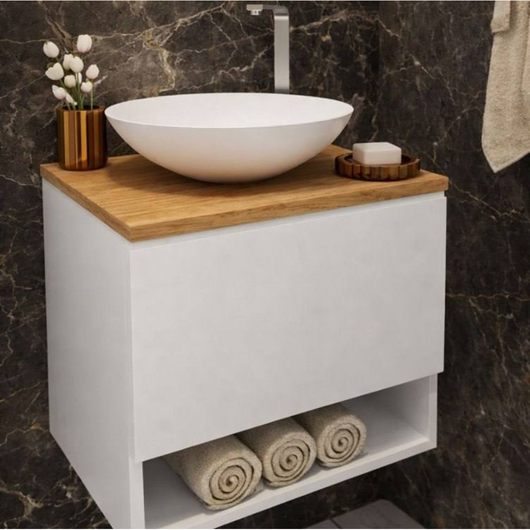 Gabinete Para Banheiro 40cm Com Cuba E Espelho Armário Suspenso Lavabo Completo Branco Um Furo