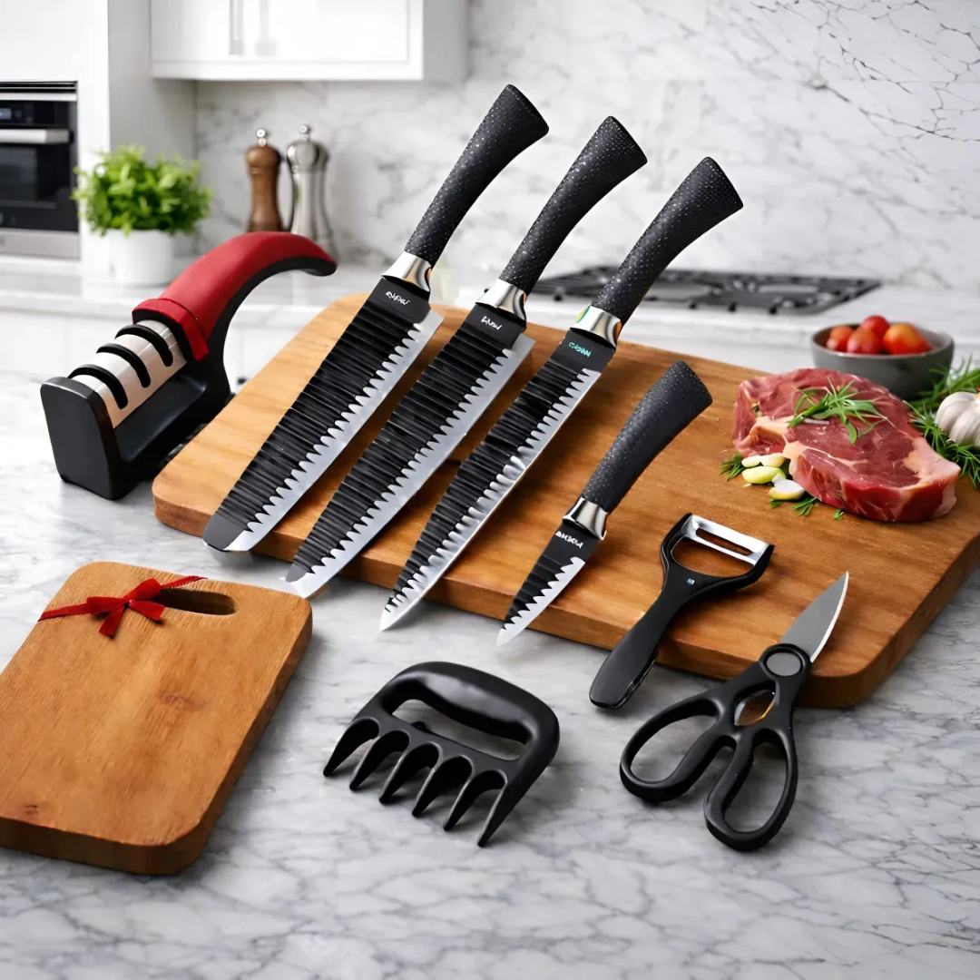 Jogo De Facas Inóx Conjunto 8 Peças Kit Cozinha Churrasco Premium + tábua AQUATTRO