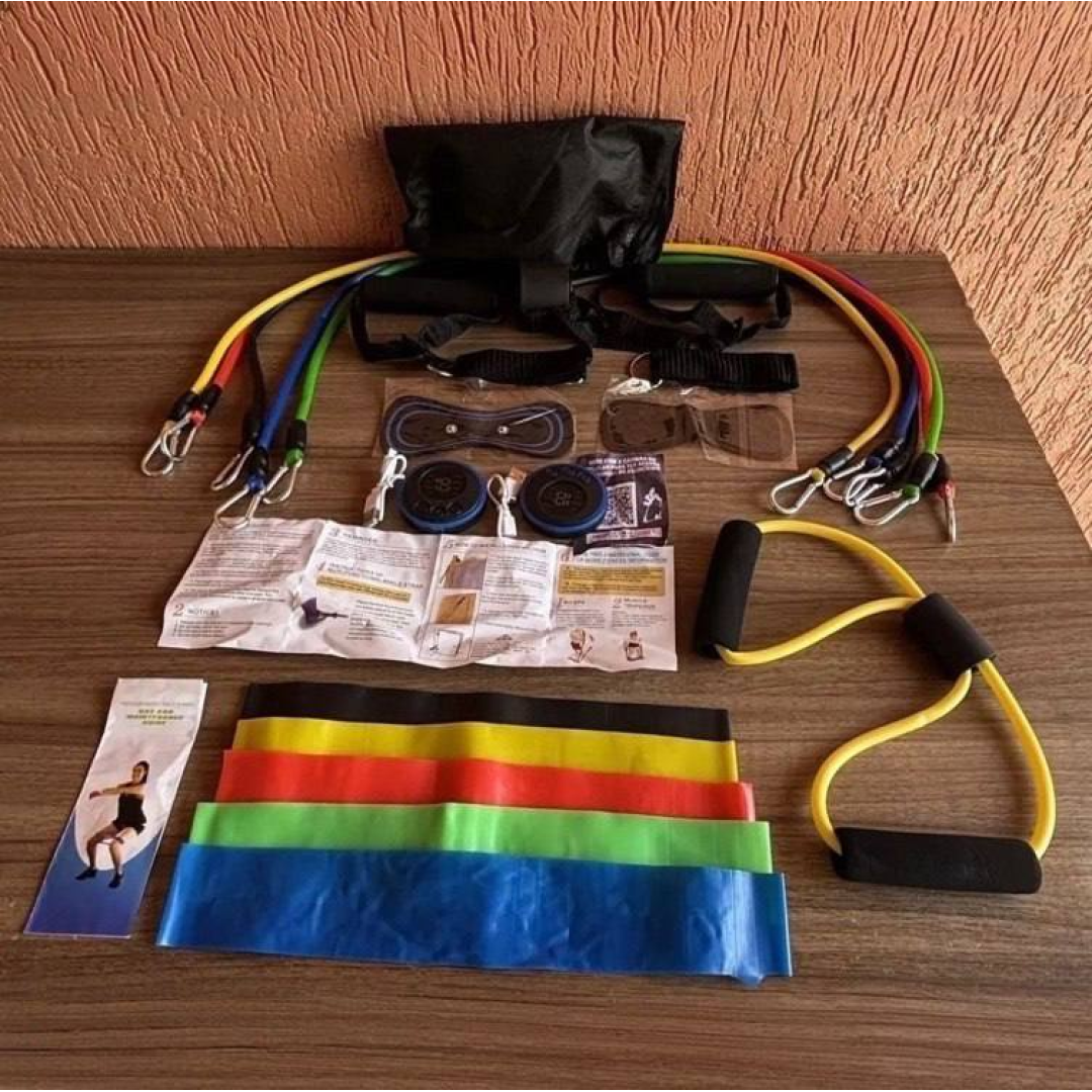 Kit 20 Itens Esportivos Para Treino Em Casa Academia Fitness Funcional Com Elásticos Extensor Puxadores Massageador Faixas Elásticas Mini Band P/ Exer...