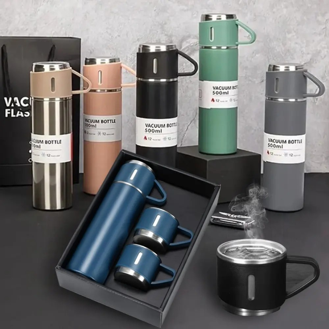 Kit Garrafa Térmica  500ml Vacuum Flask Set C/ 3 Xicaras Preto