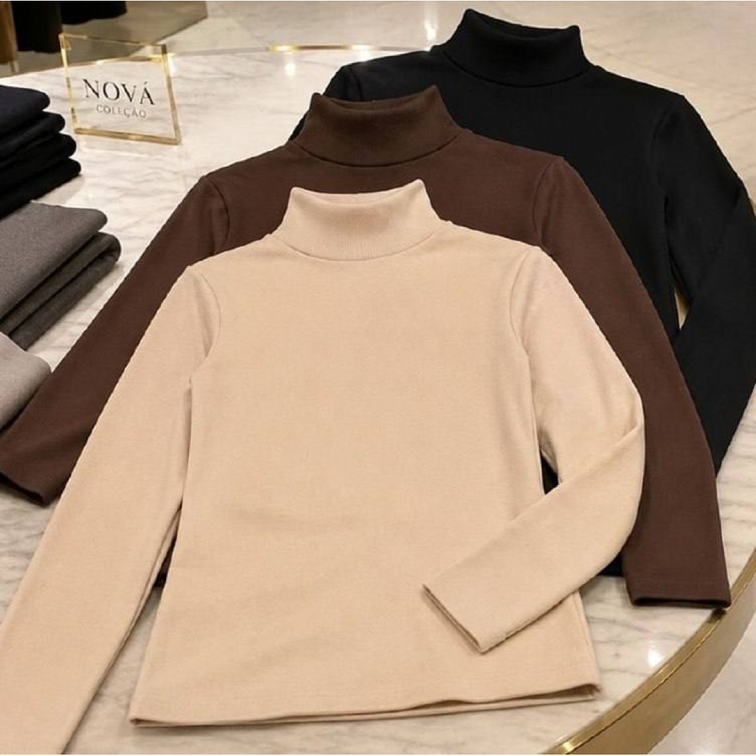 Kit 3 Blusas Feminina Cacharrel Gola Alta Manga Longa Casual Preto, Marrom E Nude M/g (36/42)